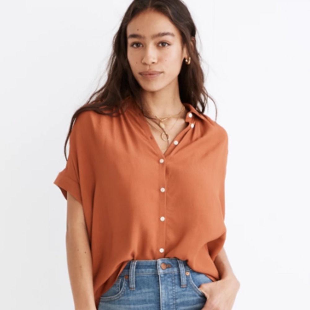 Madewell Short-Sleeve Button-Front Top in Rust Orange